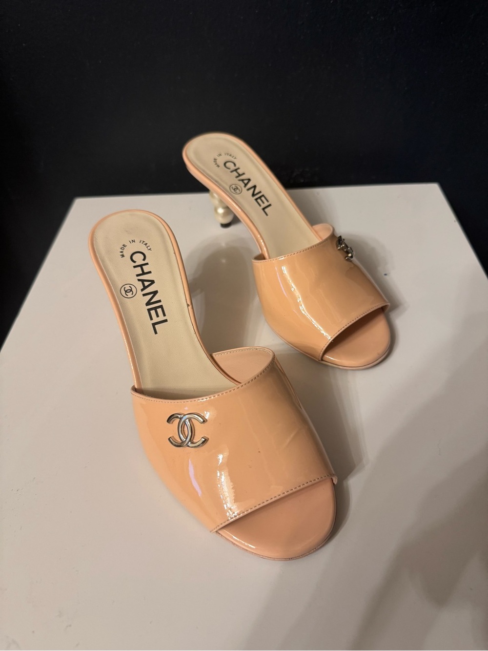 CHANEL Peach Patent Slide Sandals with Pearl Heel Accent